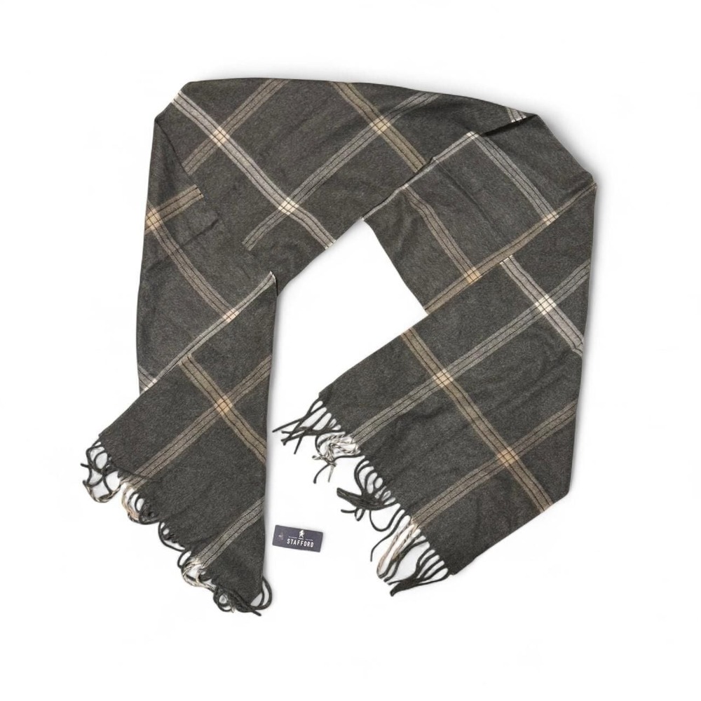 Stafford Grey and Tan Plaid Wool Scarf, Preppy Winter Accessory